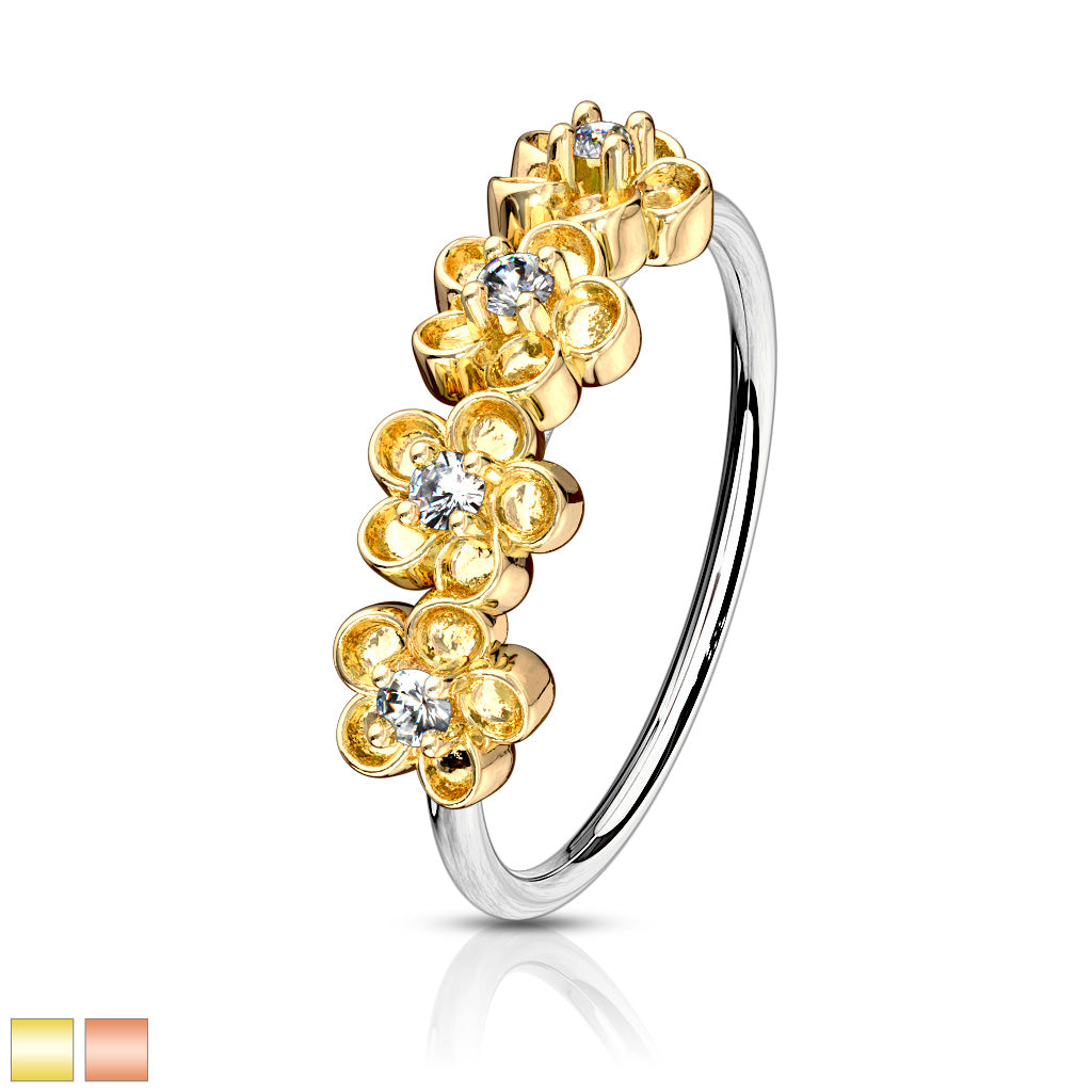 Four CZ Paved Flowers 316L Surgical Steel Bendable Nose, Cartilage Hoop Rings - all colors