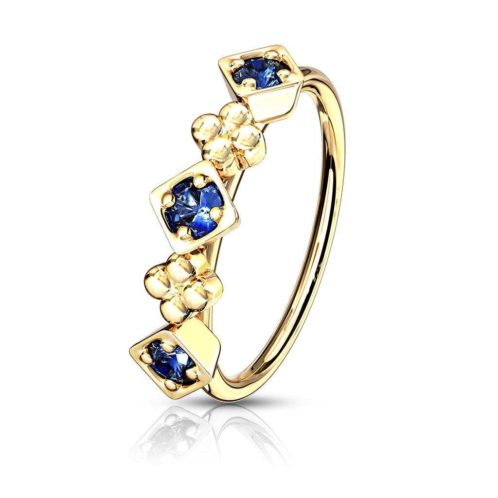 Lined CZ Set Squares and Flowers Bendable Nose, Cartilage Hoop Rings - Blue