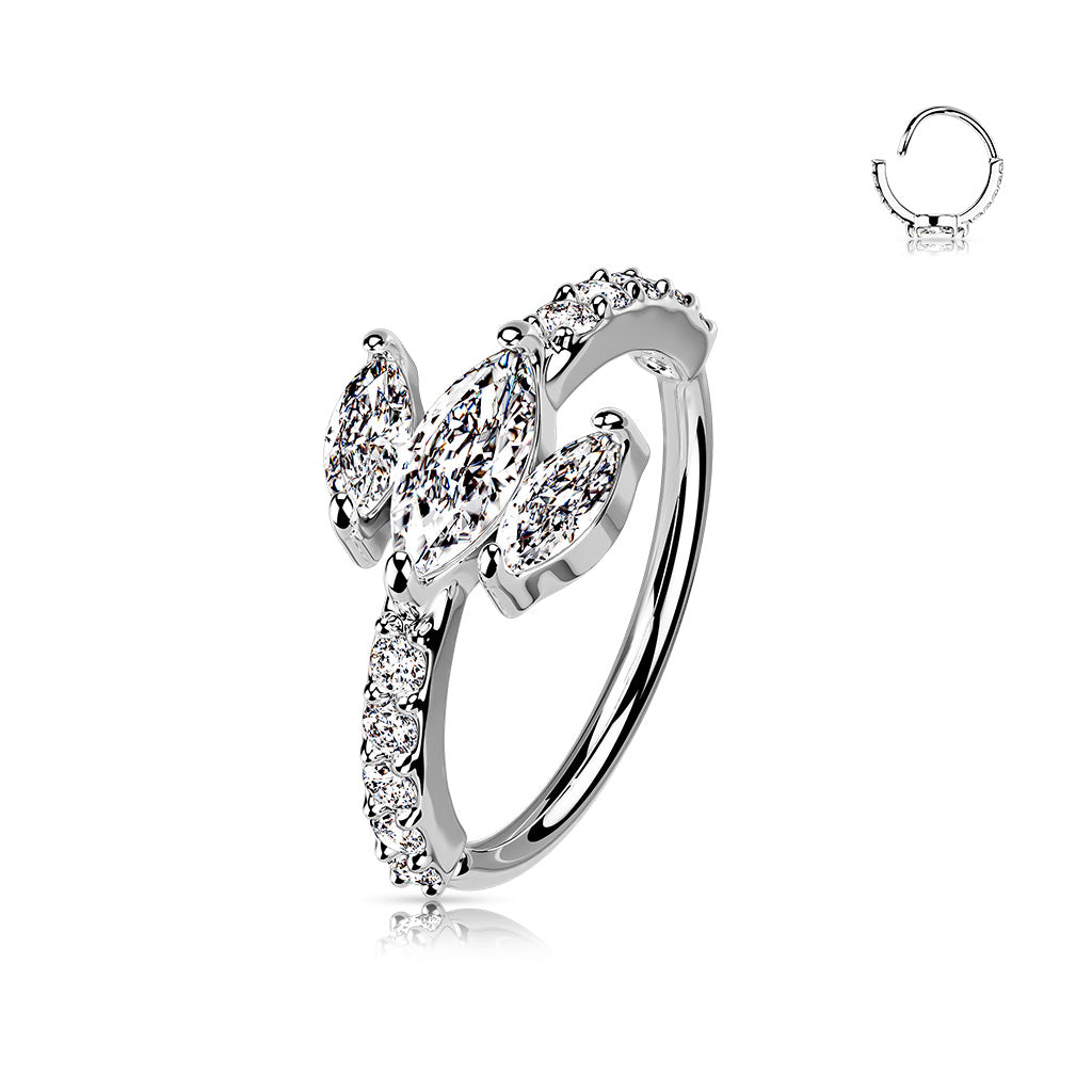 Triple Marquise CZ Top With CZ Paved Sides Bendable Hoop - Platinum/Clear