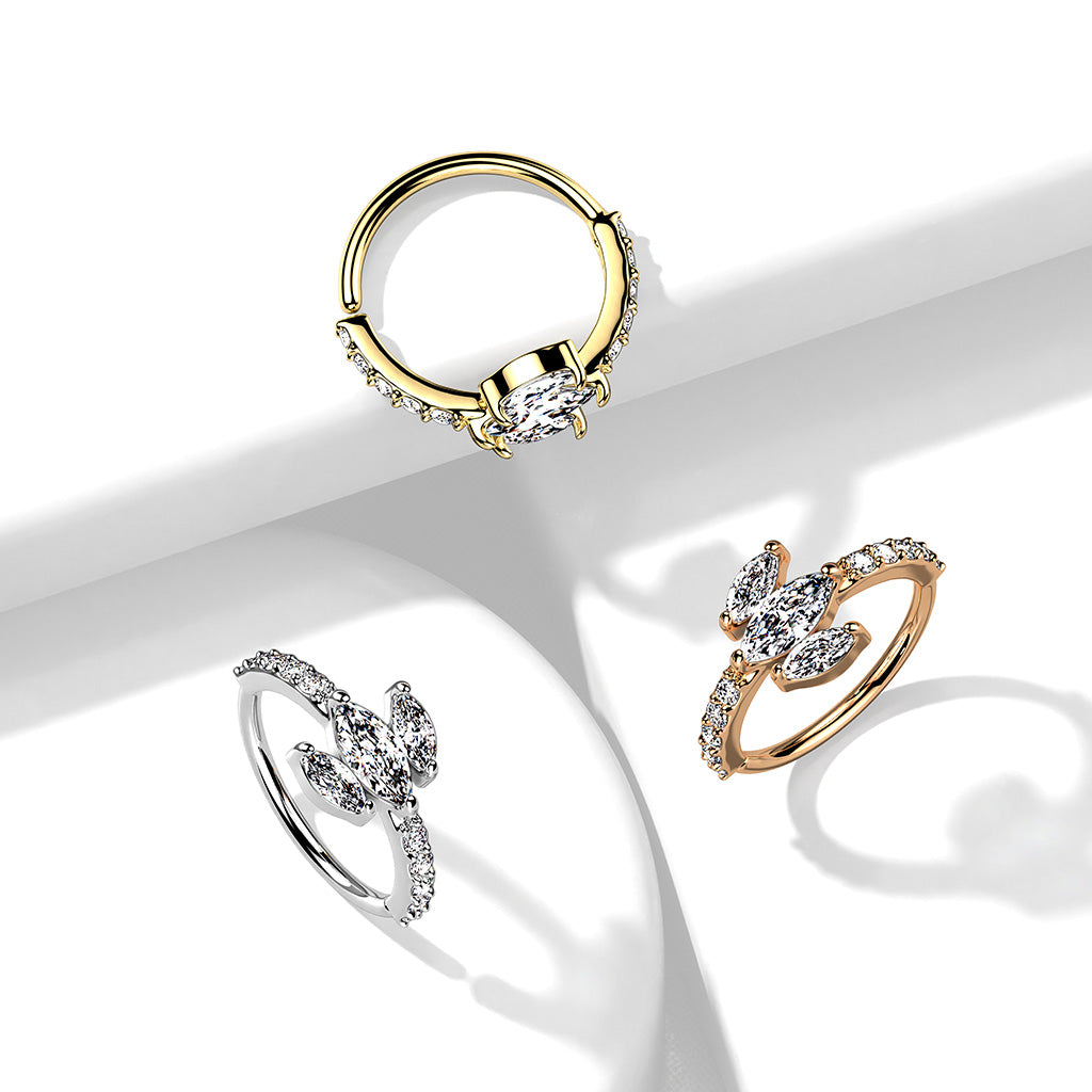 Triple Marquise CZ Top With CZ Paved Sides Bendable Hoop - all colors