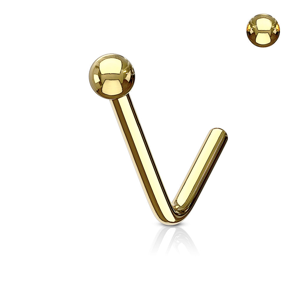 Ball End 316L Surgical Steel "L" Bend Nose Stud Rings - Gold