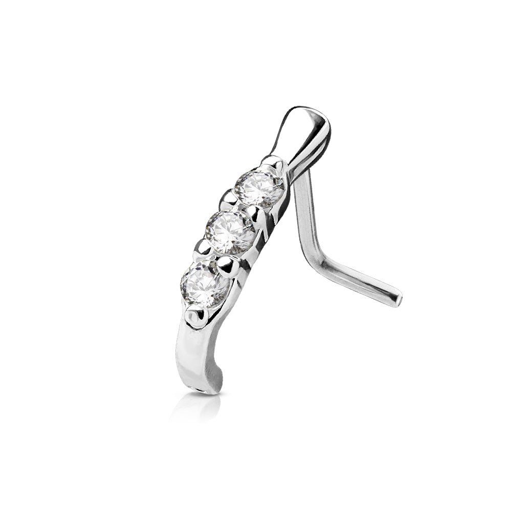 3 CZ Lined L Bend 316L Surgical Steel Nose Crawler Studs - Clear