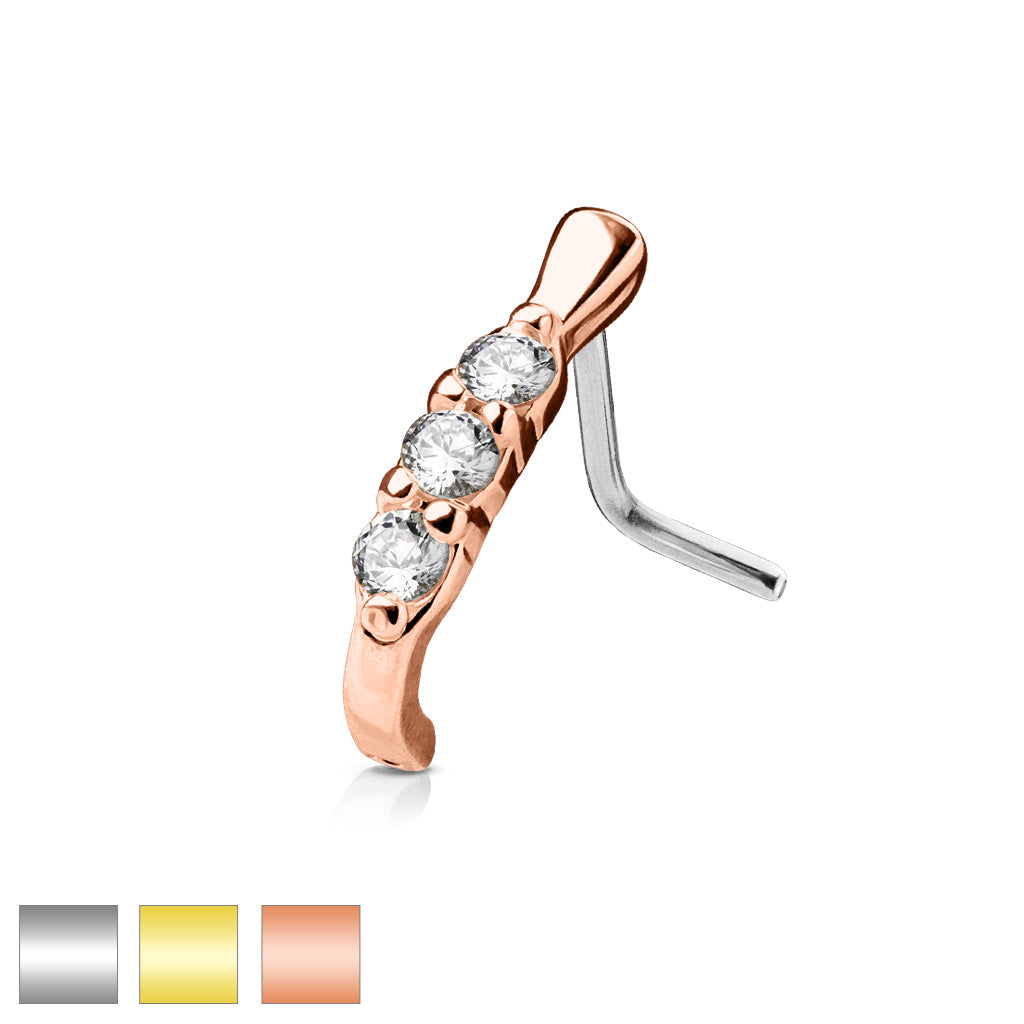 3 CZ Lined L Bend 316L Surgical Steel Nose Crawler Studs - all colors