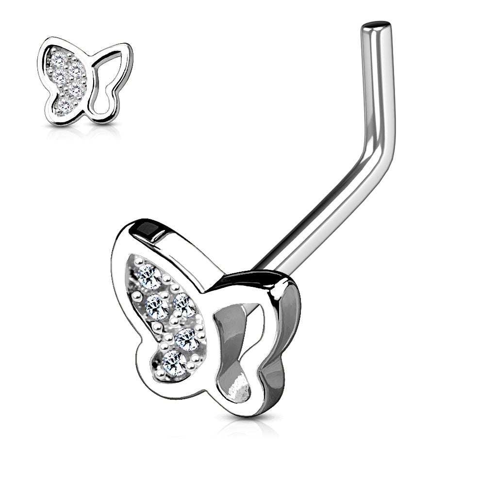 Hollow Half Paved CZ Butterfly Top 316L Surgical Steel L Bend Nose Ring - Clear
