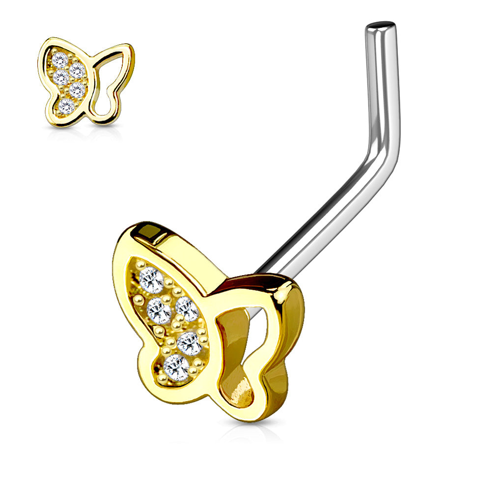Hollow Half Paved CZ Butterfly Top 316L Surgical Steel L Bend Nose Ring - Gold/Clear