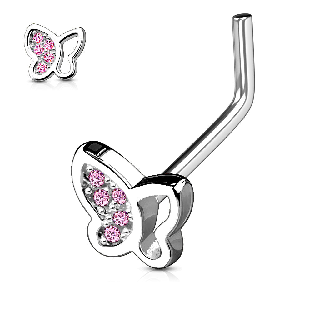 Hollow Half Paved CZ Butterfly Top 316L Surgical Steel L Bend Nose Ring - Pink