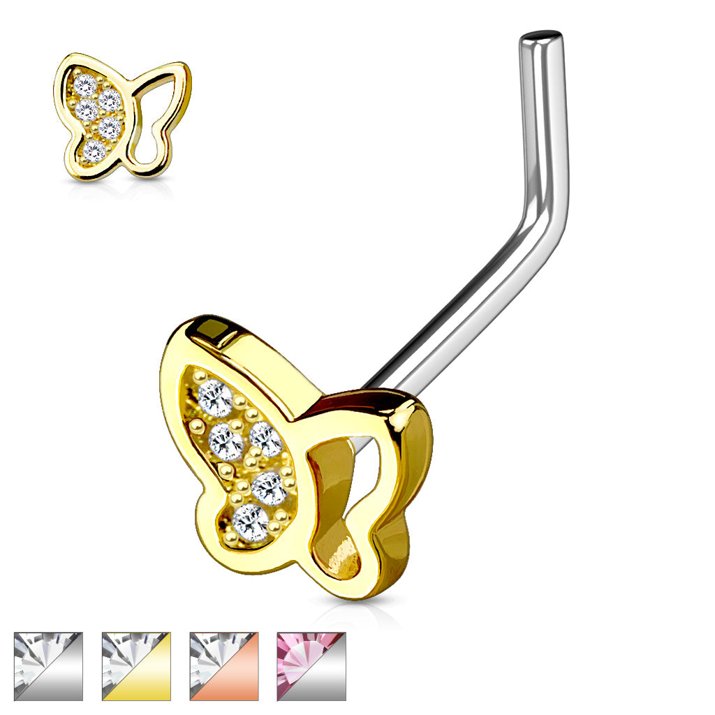 Hollow Half Paved CZ Butterfly Top 316L Surgical Steel L Bend Nose Ring - all colors