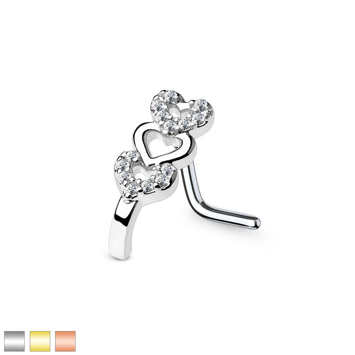 CZ Paved Triple Heart Nose Crawlers 316L Surgical Steel L Bend Nose Stud Rings