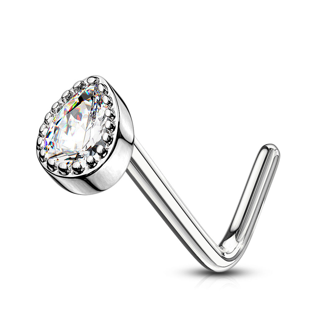 Gem Set Tear Drop 316L Surgical Steel L Bend Nose Stud Rings - Clear