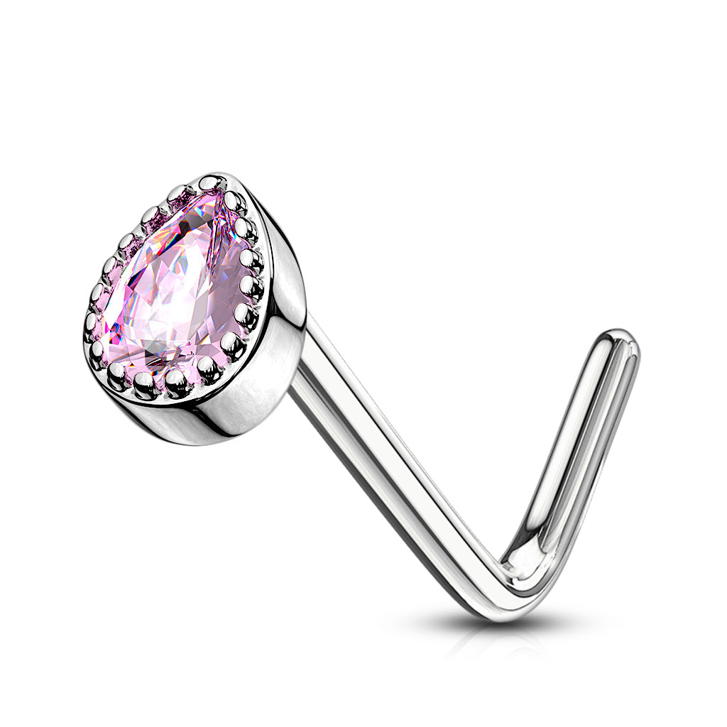 Gem Set Tear Drop 316L Surgical Steel L Bend Nose Stud Rings - Pink