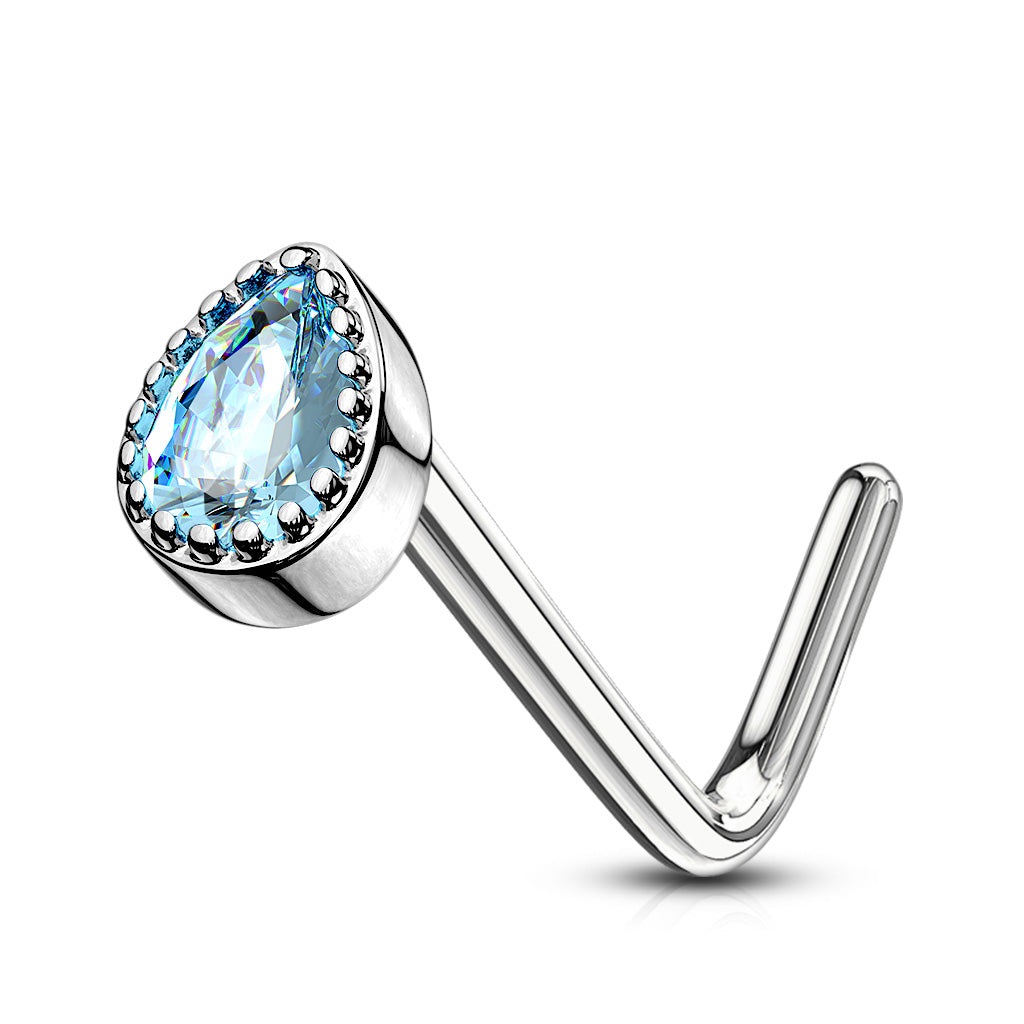 Gem Set Tear Drop 316L Surgical Steel L Bend Nose Stud Rings - Aqua