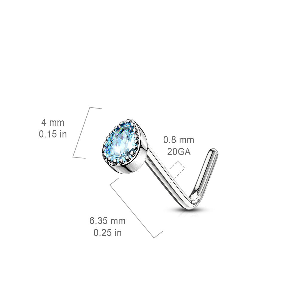 Gem Set Tear Drop 316L Surgical Steel L Bend Nose Stud Rings size chart