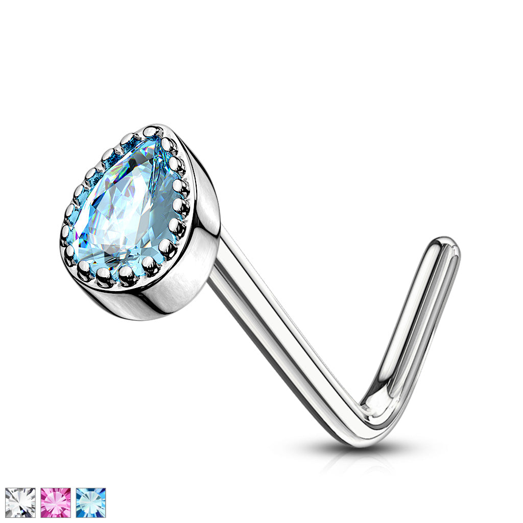 Gem Set Tear Drop 316L Surgical Steel L Bend Nose Stud Rings - all colors