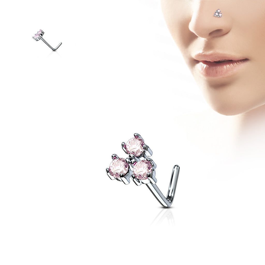 Three Prong Set Round CZ Triangle 316L Surgical Steel L Bend Nose Stud Rings - Pink