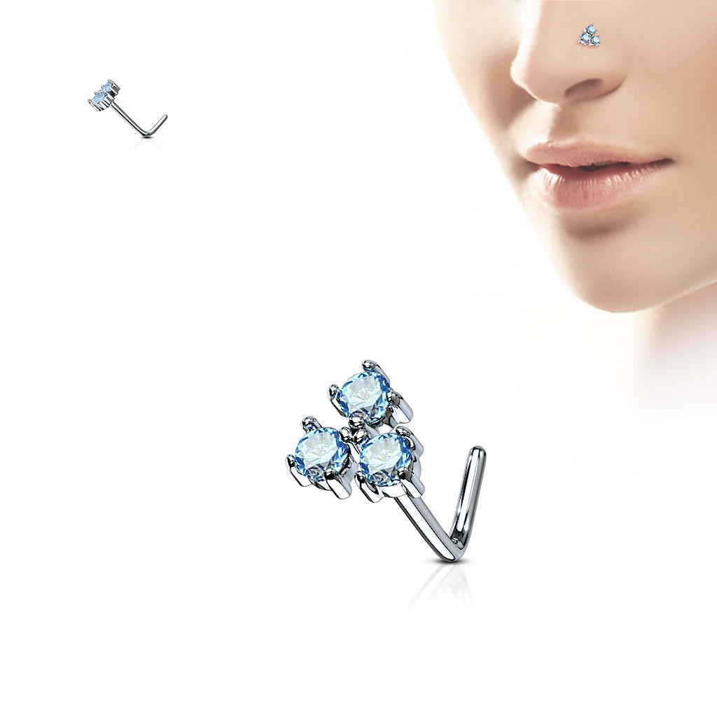 Three Prong Set Round CZ Triangle 316L Surgical Steel L Bend Nose Stud Rings - Aqua