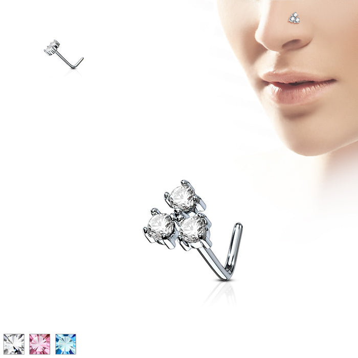 Three Prong Set Round CZ Triangle 316L Surgical Steel L Bend Nose Stud Rings