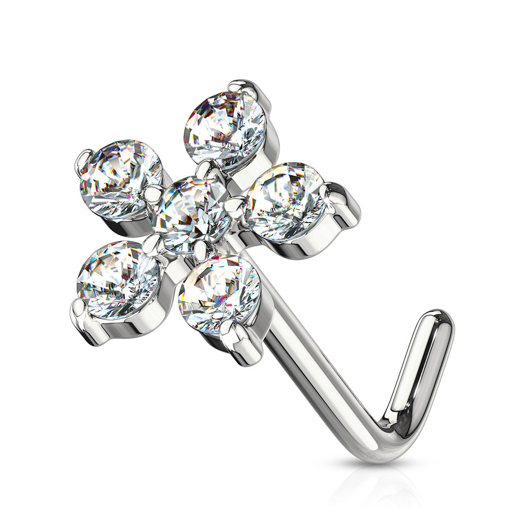 6 CZ Flower 316L Surgical Steel L Bend Nose Stud Rings - Clear