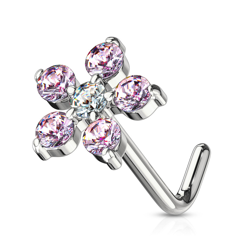 6 CZ Flower 316L Surgical Steel L Bend Nose Stud Rings - Pink/Clear