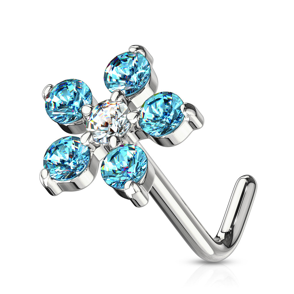 6 CZ Flower 316L Surgical Steel L Bend Nose Stud Rings - Aqua/Clear