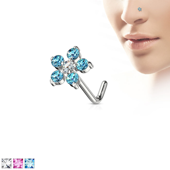 6 CZ Flower 316L Surgical Steel L Bend Nose Stud Rings