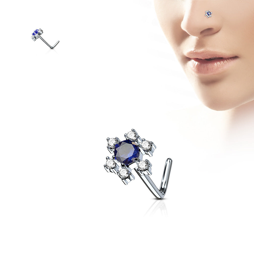 CZ Flower 316L Surgical Steel L Bend Nose Stud Rings - Clear/Blue