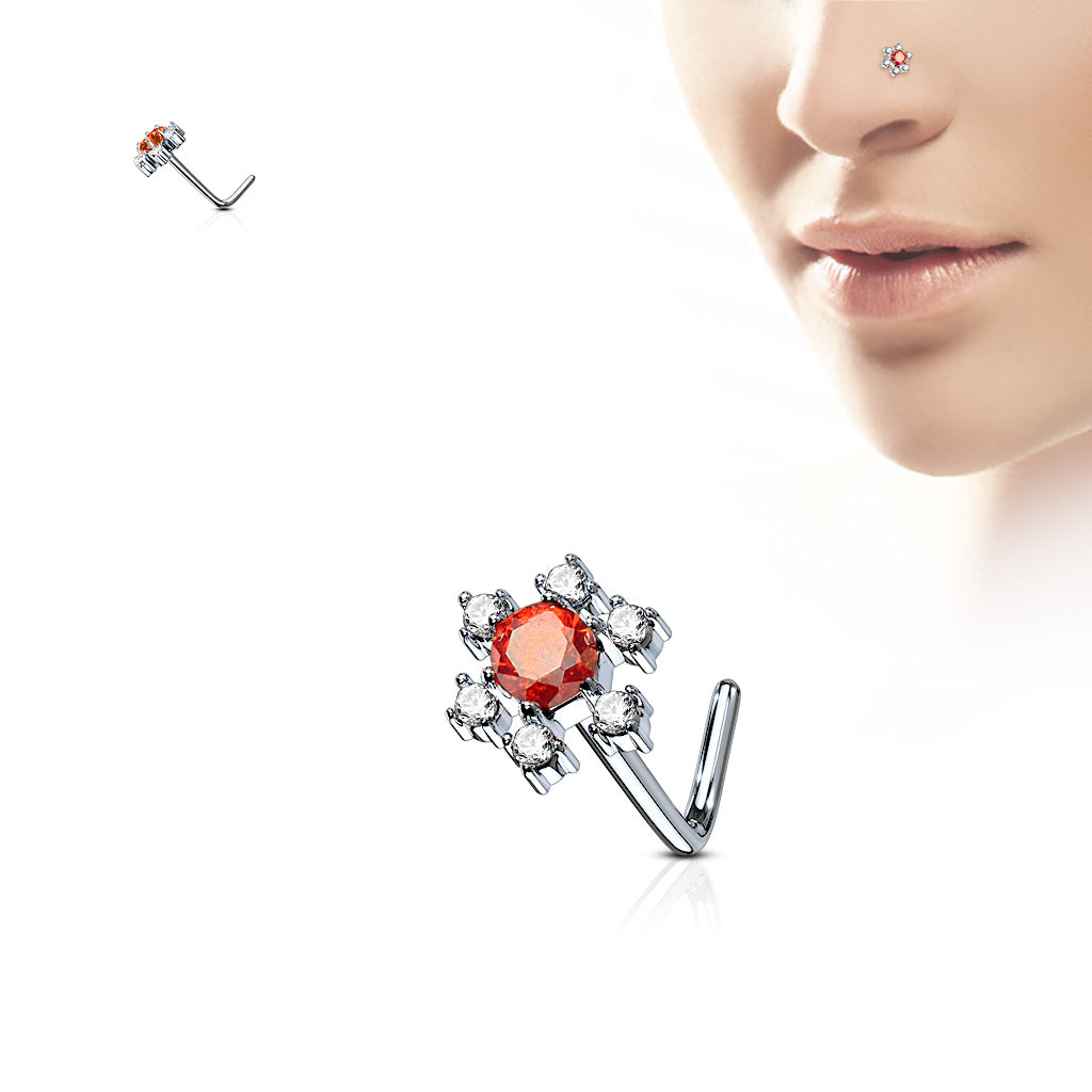 CZ Flower 316L Surgical Steel L Bend Nose Stud Rings - Clear/Red