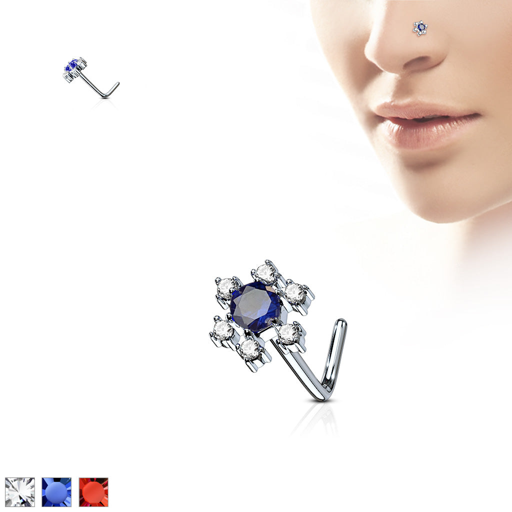 CZ Flower 316L Surgical Steel L Bend Nose Stud Rings - all colors
