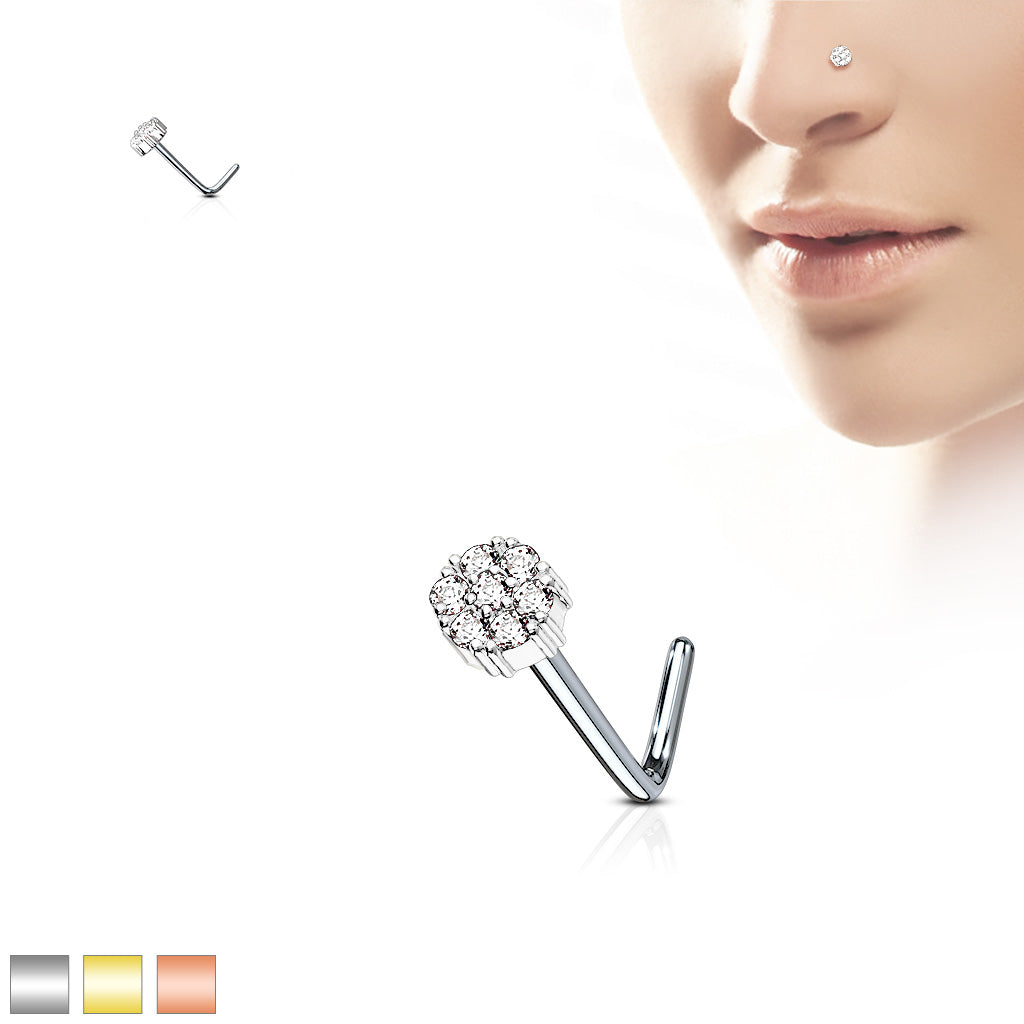 7 CZ Cluster Flower 316L Surgical Steel L Bend Nose Stud Rings - all colors