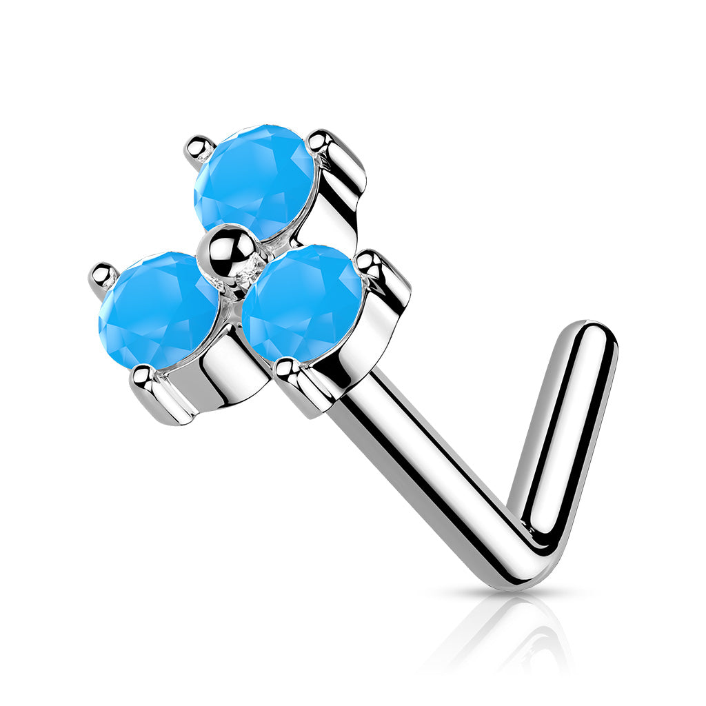 Opalite Crystal Stone Set Triangle 316L Surgical Steel L Bend Nose Stud Rings - Turquoise