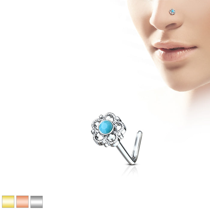 Flower Filigree Turquoise Center 316L Surgical Steel L Bend Nose Stud Rings