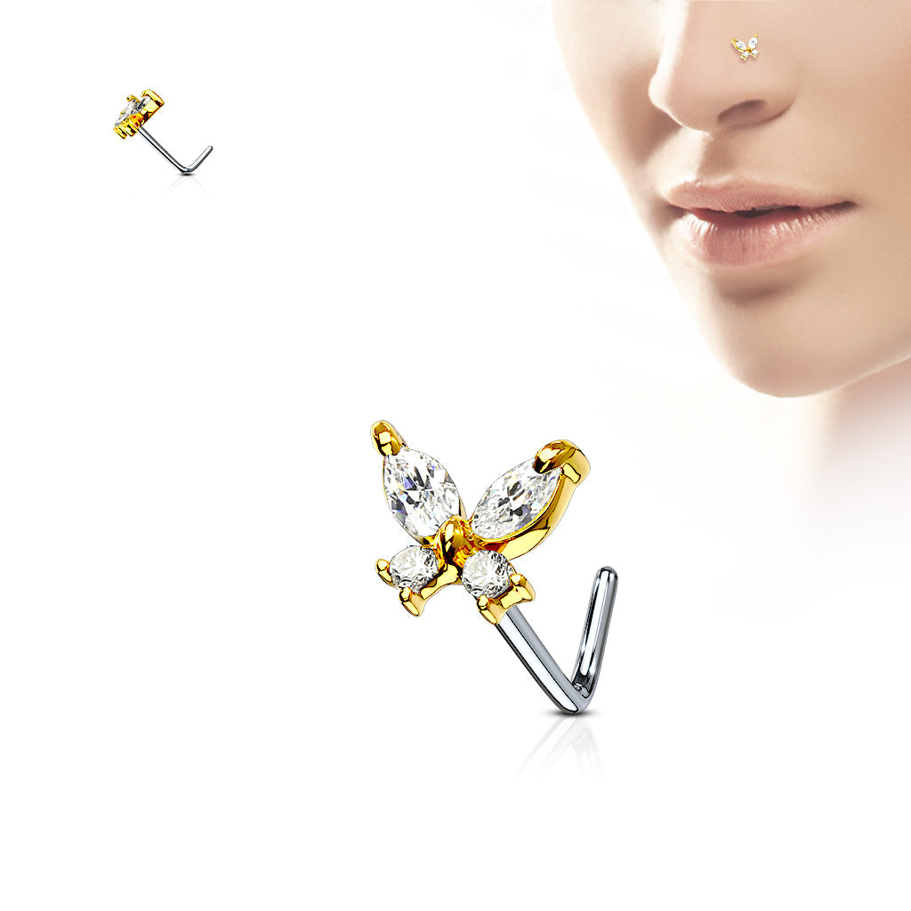 CZ Butterfly 316L Surgical Steel L Bend Nose Stud Rings - Gold/Clear