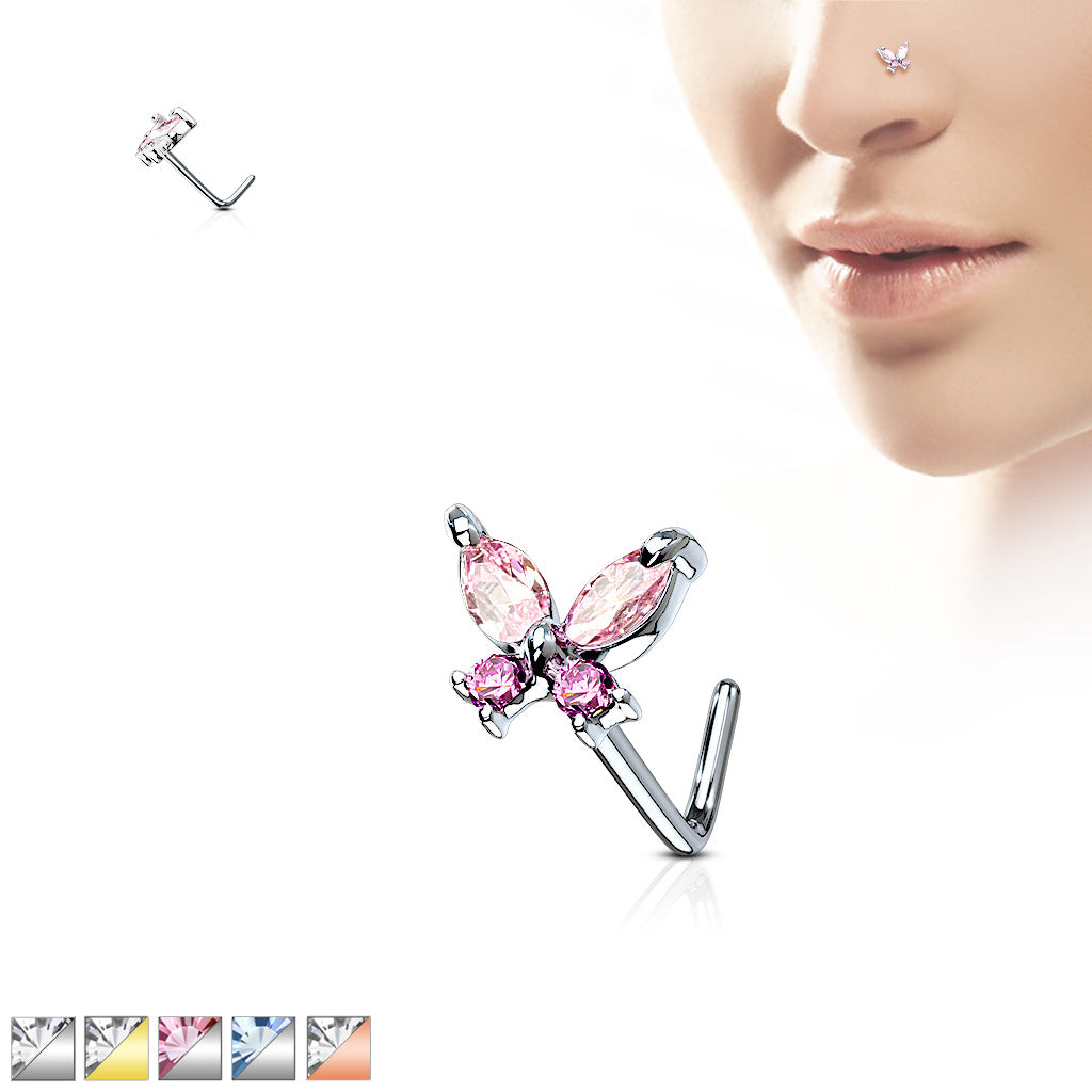 CZ Butterfly 316L Surgical Steel L Bend Nose Stud Rings - all colors