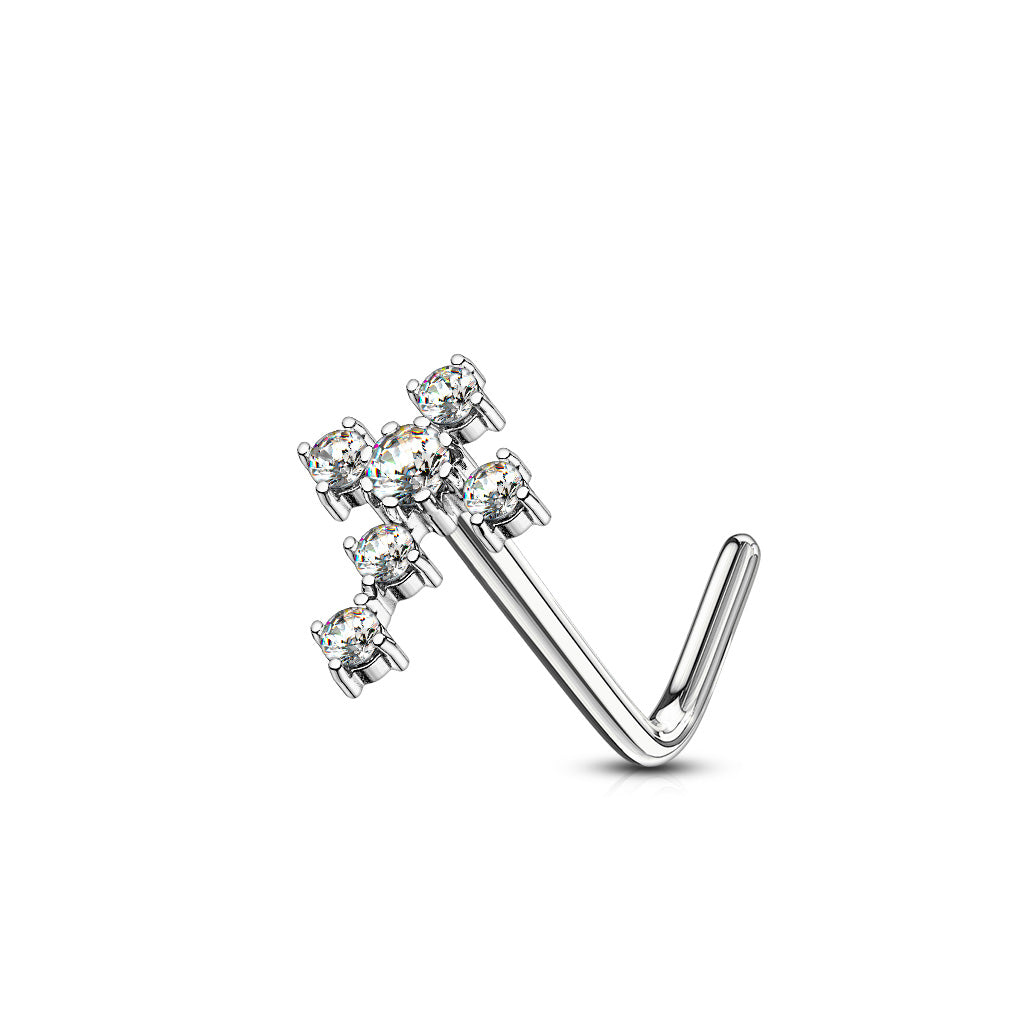 CZ Cross 316L Surgical Steel L Bend Nose Stud Rings - Clear
