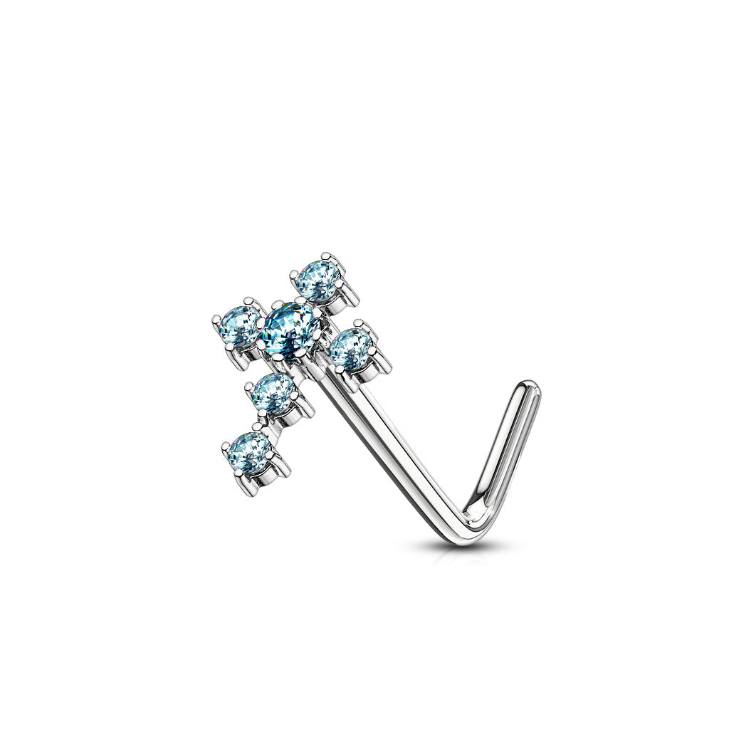 CZ Cross 316L Surgical Steel L Bend Nose Stud Rings - Aqua