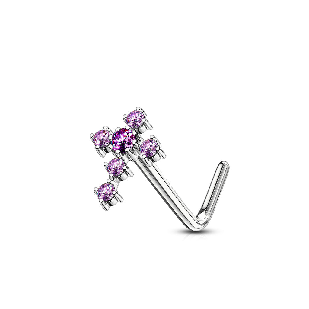 CZ Cross 316L Surgical Steel L Bend Nose Stud Rings - Tanzanite