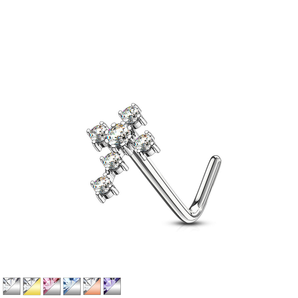 CZ Cross 316L Surgical Steel L Bend Nose Stud Rings - all colors