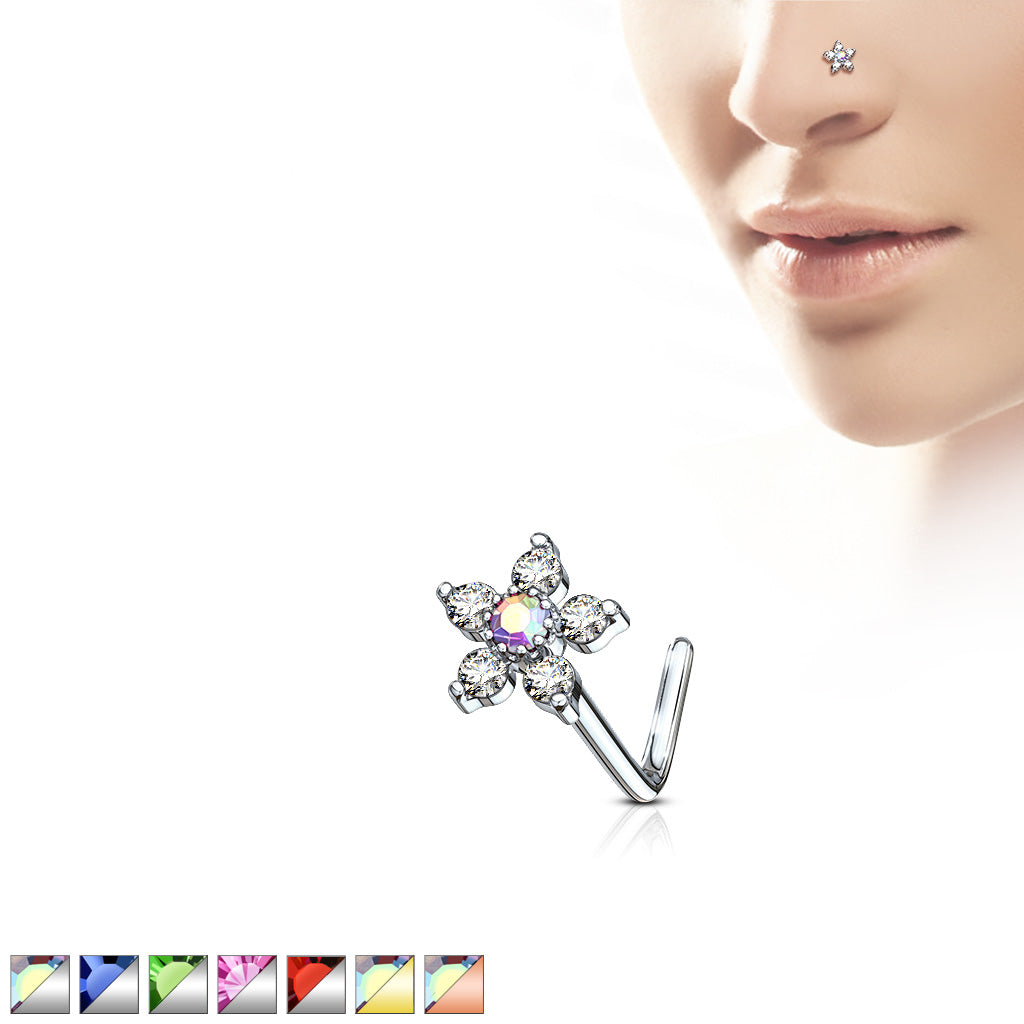6 CZ Flower Top 316L Surgical Steel L Bend Nose Stud Rings - all colors