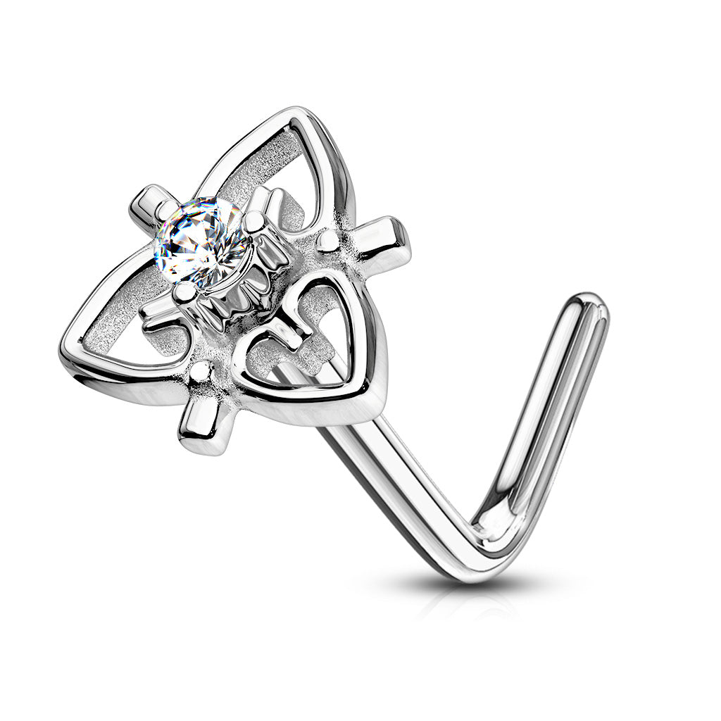 CZ Center Heart Filigree Top 316L Surgical Steel L Bend Nose Stud Rings - Clear