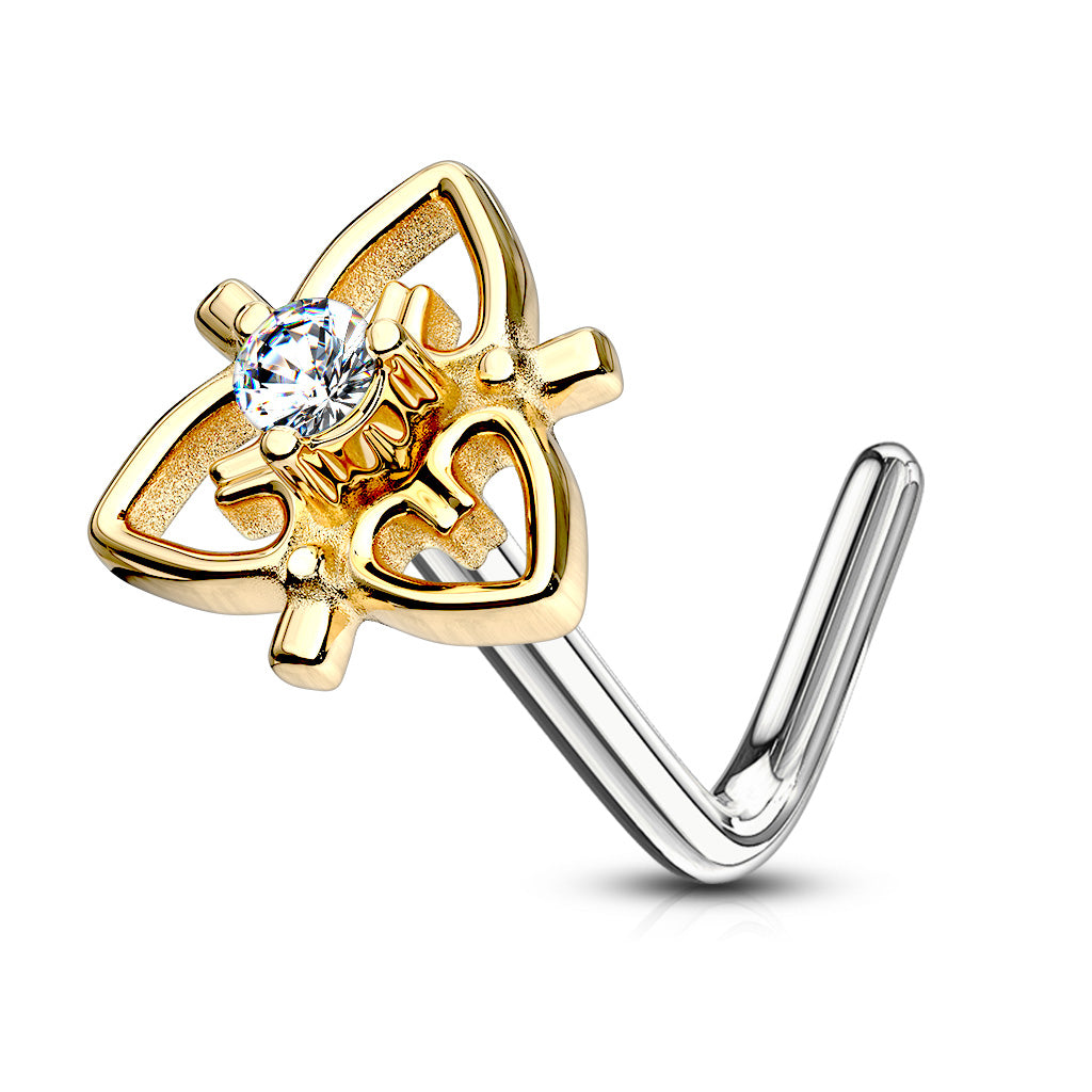 CZ Center Heart Filigree Top 316L Surgical Steel L Bend Nose Stud Rings - Gold/Clear