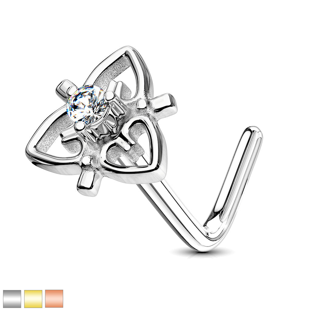 CZ Center Heart Filigree Top 316L Surgical Steel L Bend Nose Stud Rings - all colors