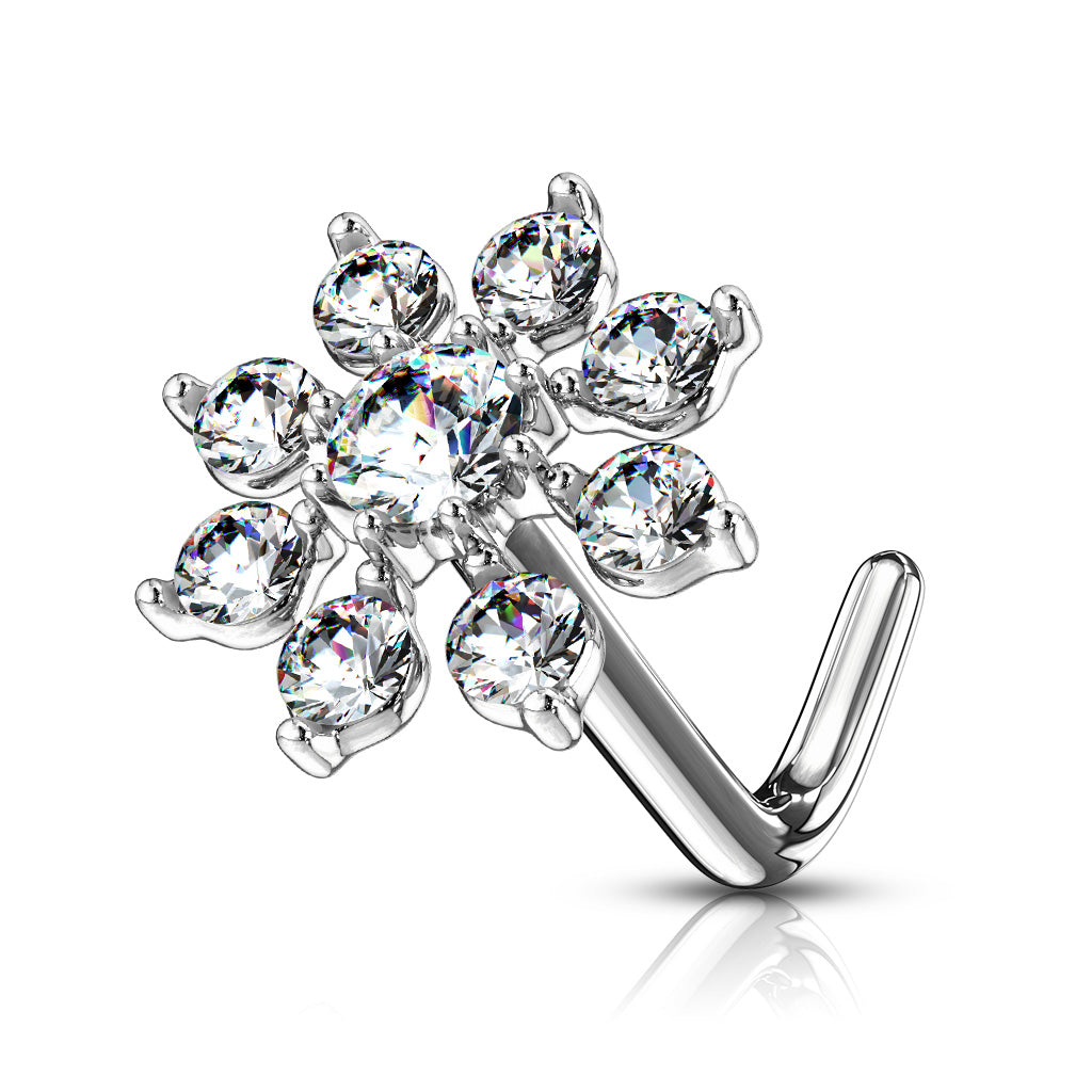 Double Tiered CZ Starburst Top 316L Surgical Steel L Bend Nose Stud Rings - Clear