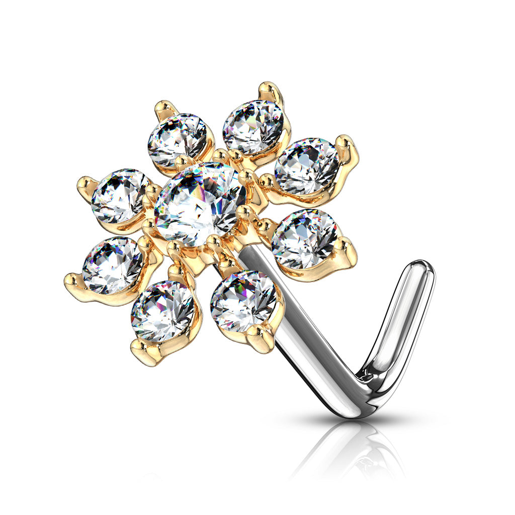 Double Tiered CZ Starburst Top 316L Surgical Steel L Bend Nose Stud Rings - Gold/Clear