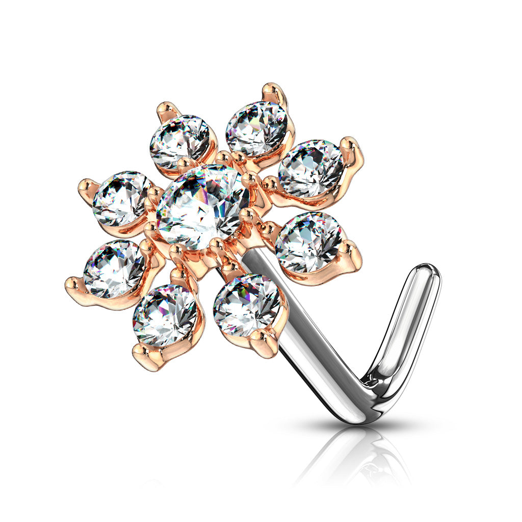 Double Tiered CZ Starburst Top 316L Surgical Steel L Bend Nose Stud Rings - Rose Gold/Clear