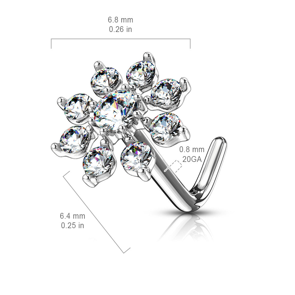 Double Tiered CZ Starburst Top 316L Surgical Steel L Bend Nose Stud Rings size chart