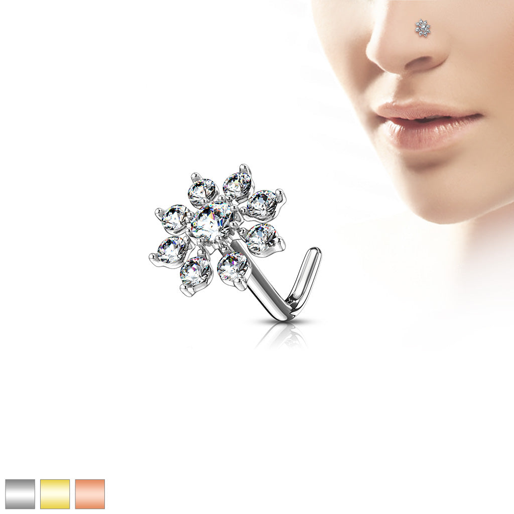 Double Tiered CZ Starburst Top 316L Surgical Steel L Bend Nose Stud Rings - all colors
