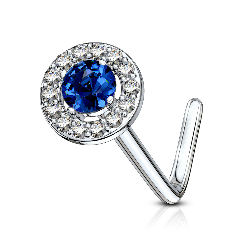 Double Tiered Round CZ Center Top 316L Surgical Steel L Bend Nose Stud Rings - Clear/Blue