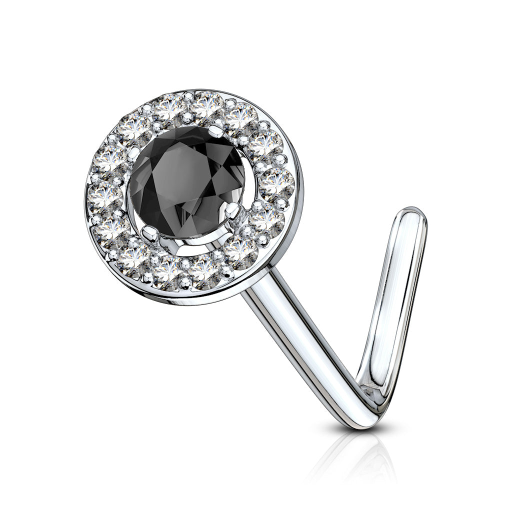 Double Tiered Round CZ Center Top 316L Surgical Steel L Bend Nose Stud Rings - Clear/Black