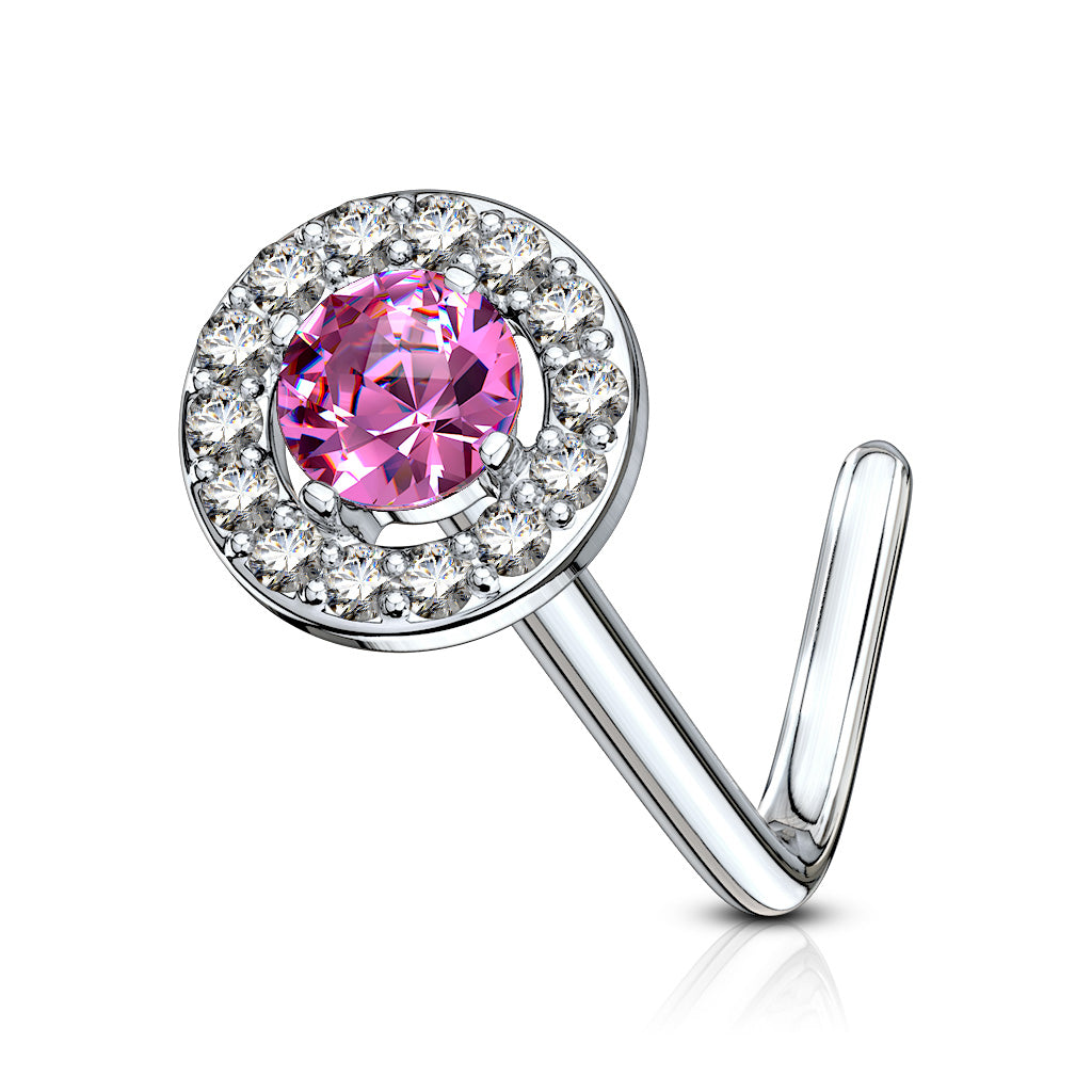 Double Tiered Round CZ Center Top 316L Surgical Steel L Bend Nose Stud Rings - Clear/Pink