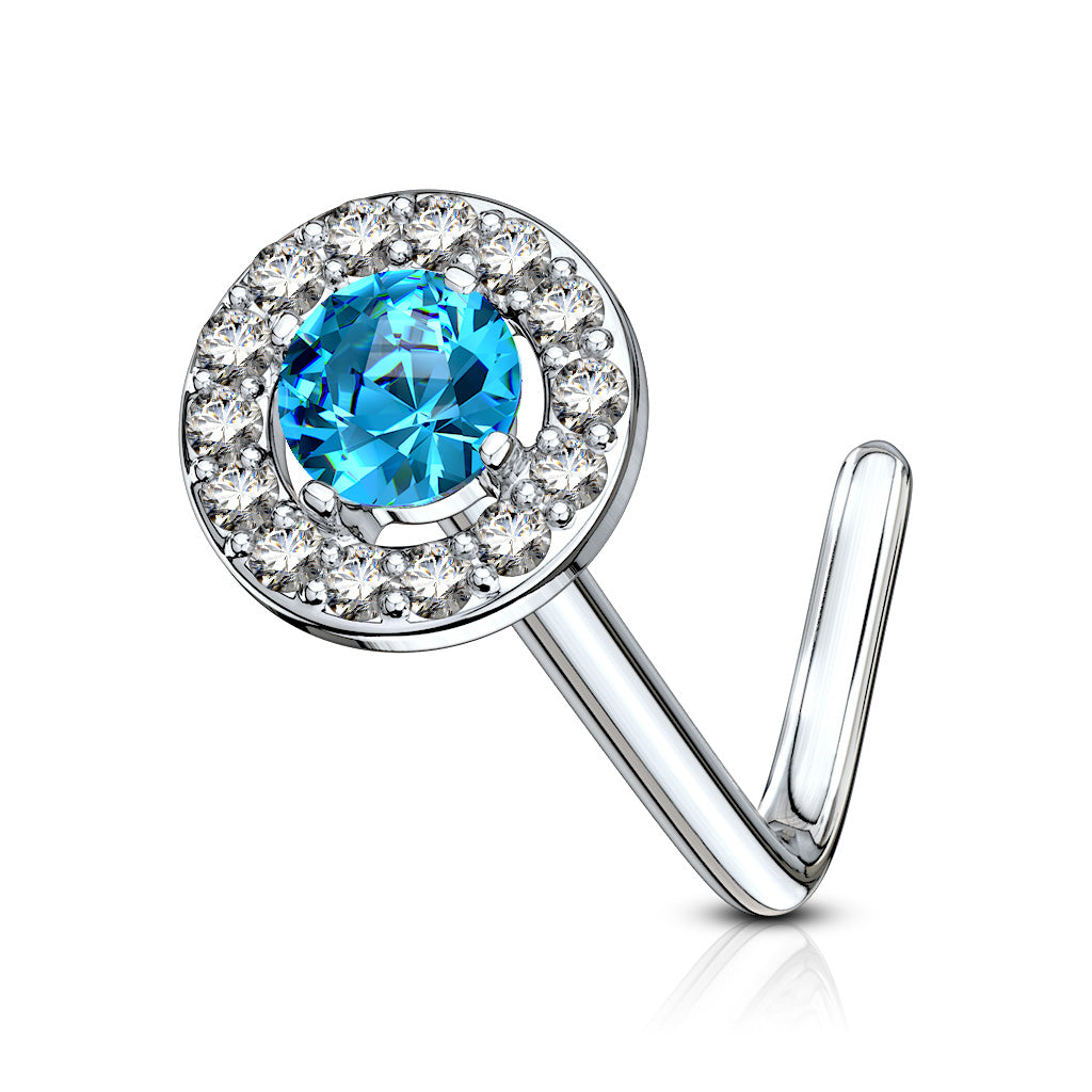 Double Tiered Round CZ Center Top 316L Surgical Steel L Bend Nose Stud Rings - Clear/Aqua