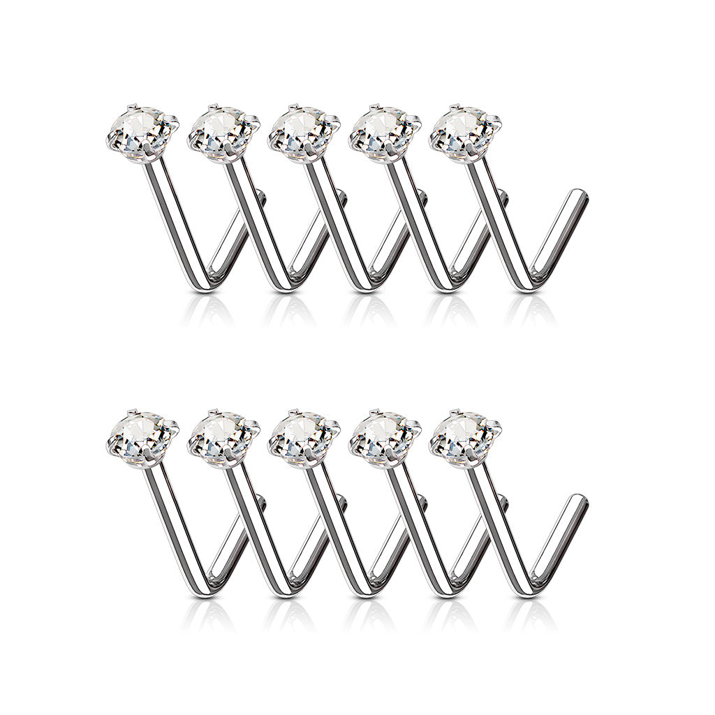 100 Pcs Clear CZ Prong Set 316L Surgical Steel "L" Bend Nose Stud Rings Bulk Pack - all colors